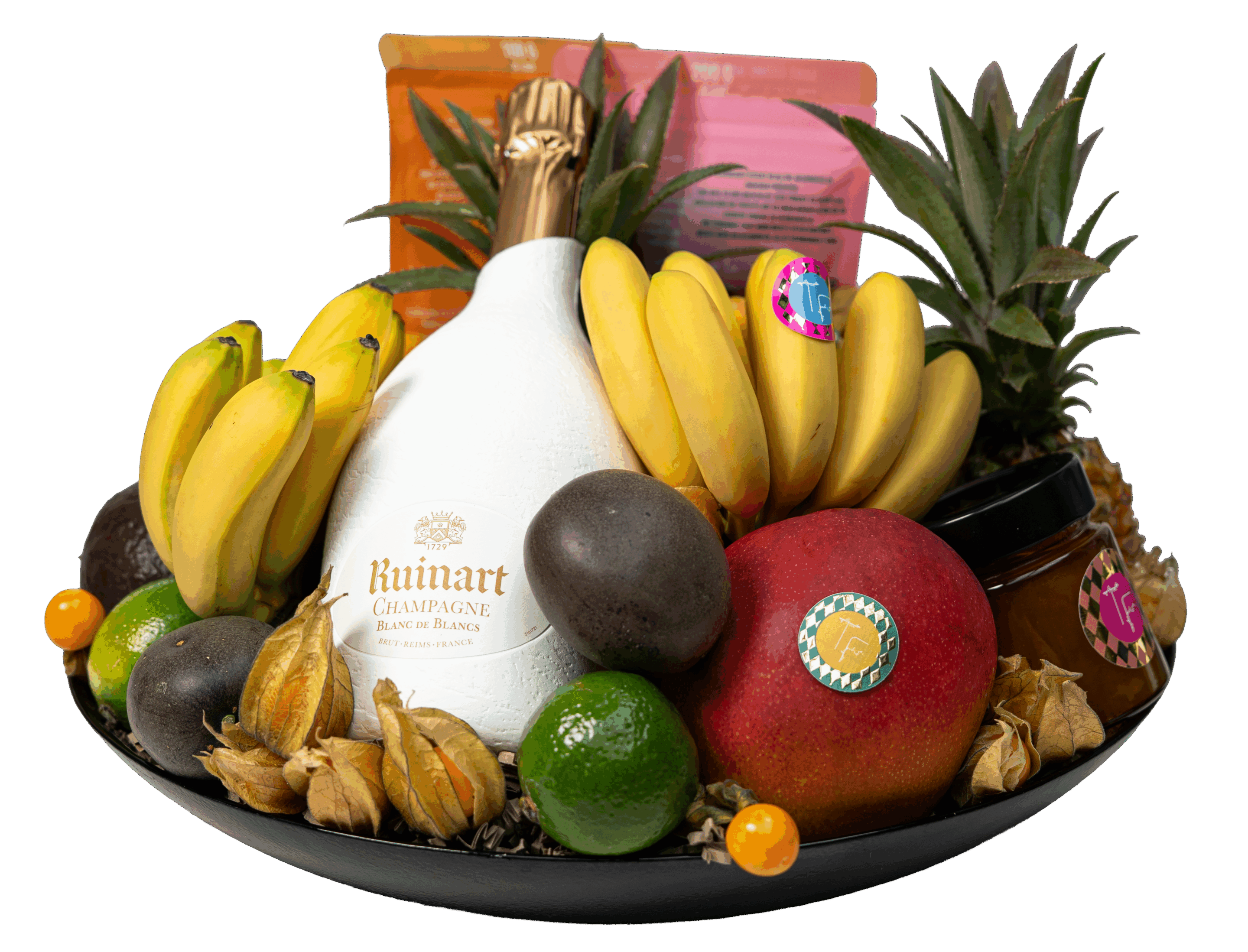 Panier de fruits gourmet exotiques vu de face